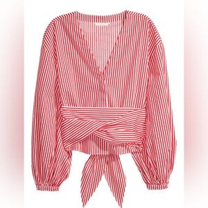 V Neck Red & White Striped Women's Cotton Blouse